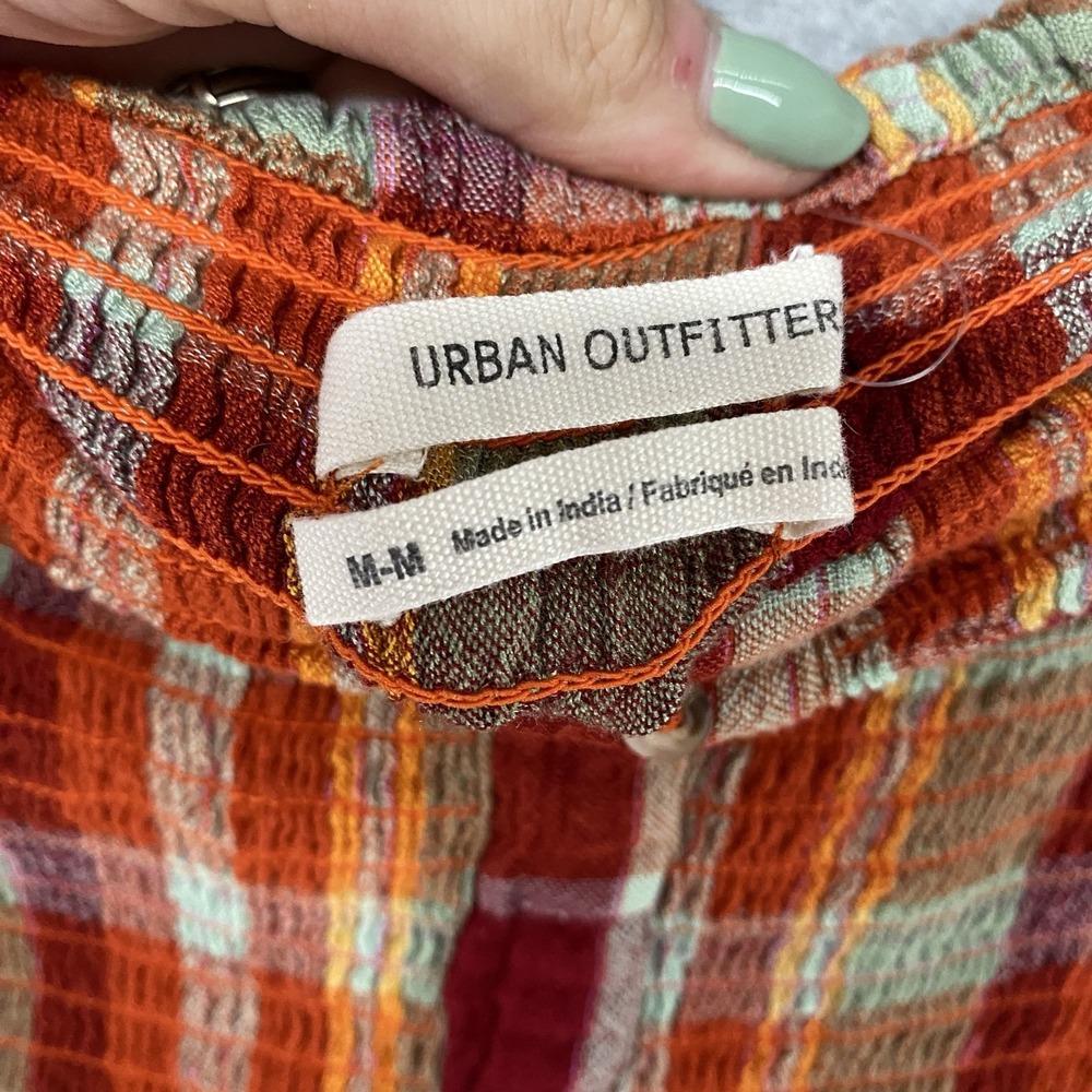 Urban Outfitters Midi Dress Womens Medium Orange Plaid Off Shoulder Smocked - Picture 7 of 15